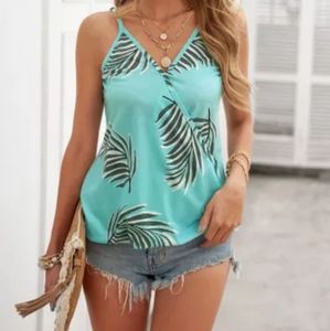 🆕 Green tropical plant print tank top